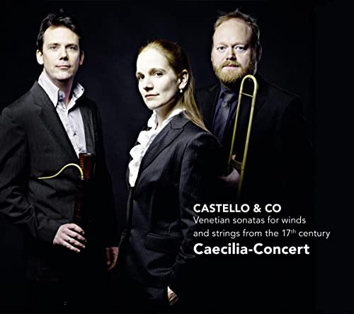 Three musicians in formal wear with instruments, CD cover art.