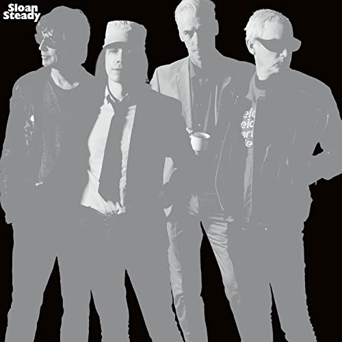 Black and white photo of four men, the band Sloan, looking at the viewer.