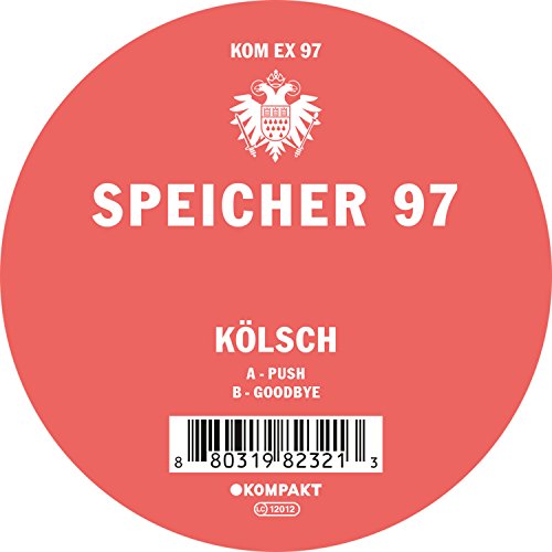 Red vinyl record label with white text, barcode, and a coat of arms.