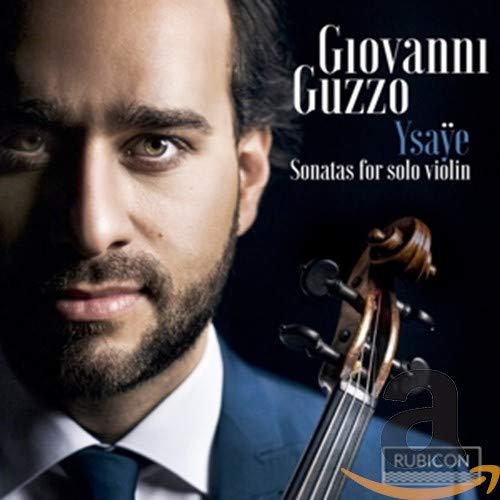 Portrait of violinist Giovanni Guzzo with a violin, album cover art.
