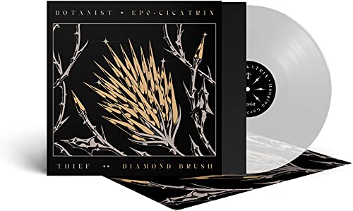 Vinyl record with black and gold thorn design, partially visible label.