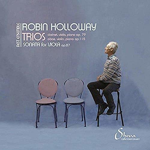 CD cover featuring composer Robin Holloway and two empty chairs.