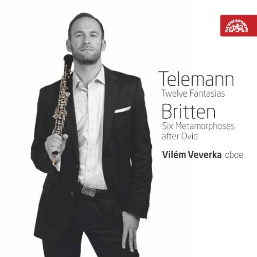 Black and white image of a man holding an oboe, beside text on a white background.