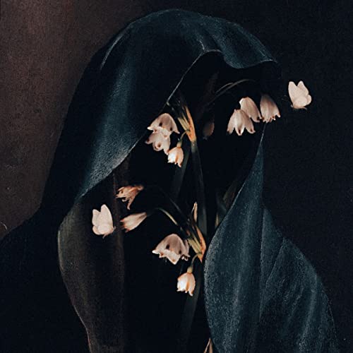 Hooded figure with flowers obscuring the face, dark and moody aesthetic.
