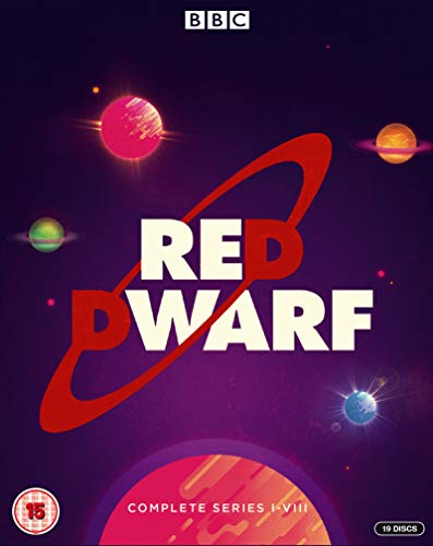 "Blu-ray boxset cover for 'Red Dwarf' with space-themed background and 'BBC' logo."