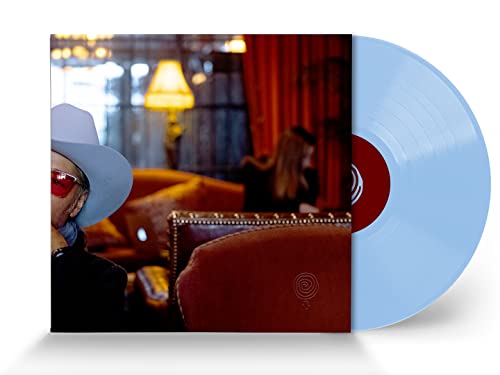 Light blue vinyl record partially emerging from its cover with a woman in a hat.