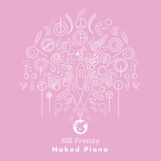 Pink album cover with white line art resembling a piano’s inner workings.