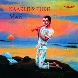 The image depicts a serene scene of a woman playing a flute on a rocky beach. Alt text: Woman kneeling on rocks, playing flute, at sunset with colorful sky.