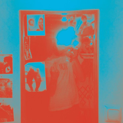 A red-tinted vinyl record sleeve with a person and images on a door.