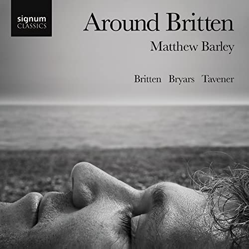 CD cover: grayscale image of a face near a beach, text "Around Britten".
