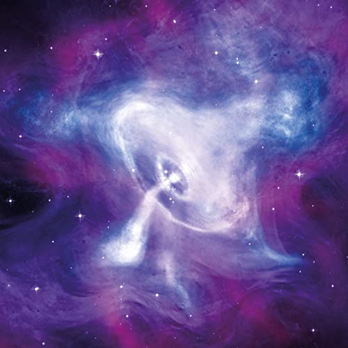 Cosmic nebula with swirling purple, blue, and white clouds and bright stars.