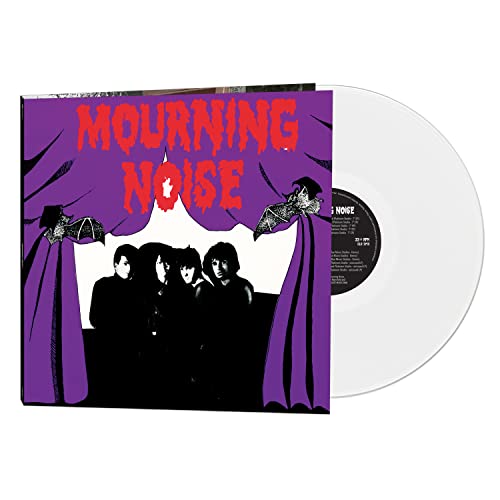 Mourning Noise album cover with purple curtains, bats, and a white vinyl record.