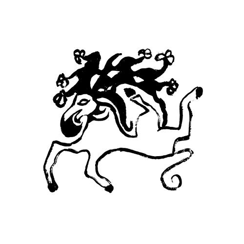 Black and white illustration of a rider on a galloping horse.