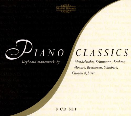 "Black and cream CD cover with 'Piano Classics' text and gold logo."