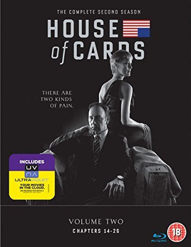 House of Cards" Season Two DVD cover featuring Kevin Spacey and Robin Wright.