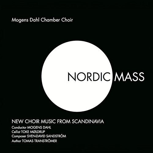 "Black album cover with white circle and 'Nordic Mass' text, featuring choir and composer names."