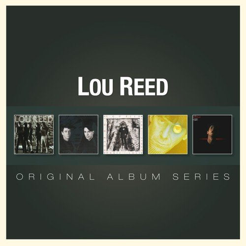 "Lou Reed album box set cover with five album covers on a dark background."