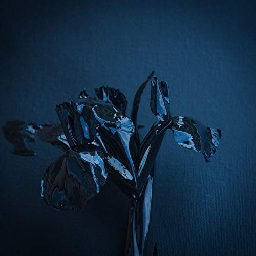 Dark blue, glossy floral sculpture against a textured dark background.