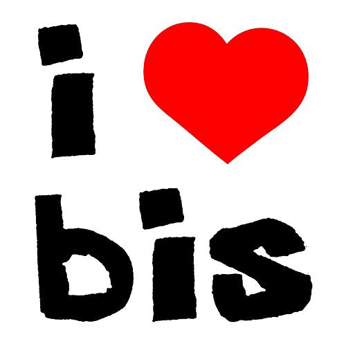 Black and red graphic text reading “i love bis” on a white background.