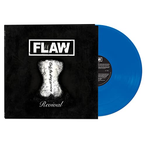Flaw's "Revival" vinyl record, black cover with bone graphic, blue disc.