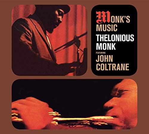 Album cover with red-toned images of Thelonious Monk playing piano on a brown background.