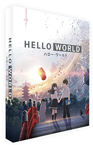 Hello World" Blu-ray cover featuring anime art of a cityscape and two figures.