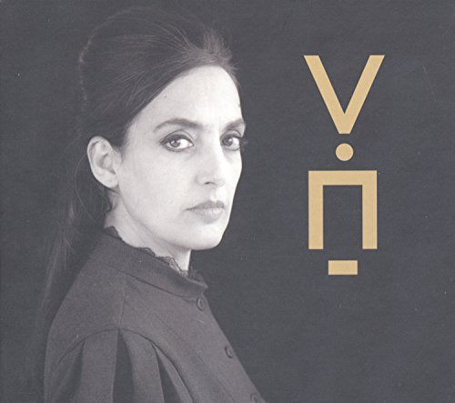 Black and white portrait of a woman with a golden "V" symbol.