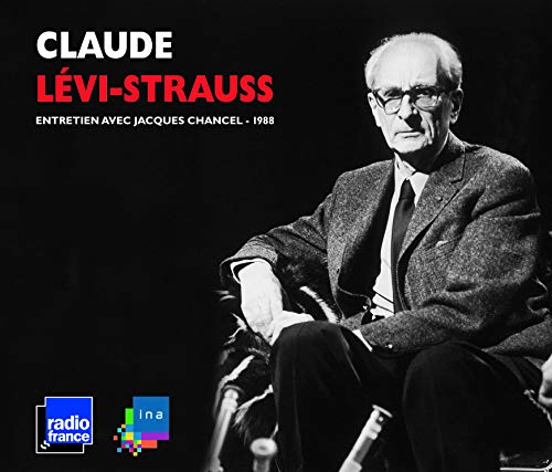 Black and white portrait of Claude Lévi-Strauss, seated, with text overlay.
