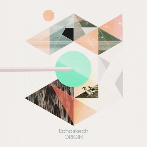 The image is a CD album cover featuring a geometric design. #### Alt text: "Album cover with geometric shapes, pastel colors, and the title 'Echaskech Origin'."