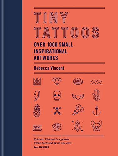 "Orange book cover with 'Tiny Tattoos' title, various small tattoo designs, and author's name."