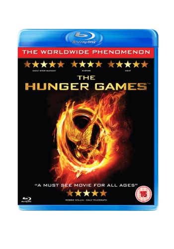 The Hunger Games Blu-ray cover featuring a flaming mockingjay pin on a black background.