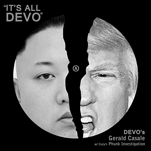 Split portrait of Gerald Casale and Kim Jong-un on black background.