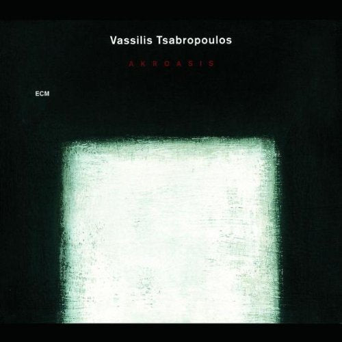 "CD cover with dark background, white rectangle, and text 'Vassilis Tsabropoulos Akroasis'."