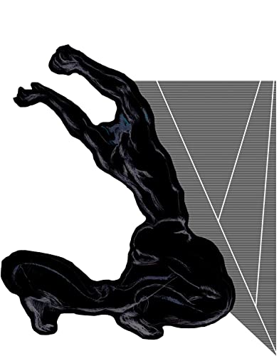 Abstract black figure falling against a geometric gray and white background.