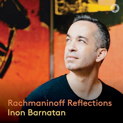 Portrait of pianist Inon Barnatan with abstract orange and black background.