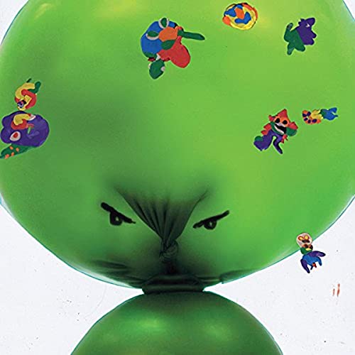 Green balloon with an angry face and colorful sticker-like figures.