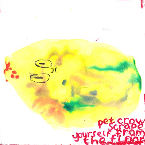 Watercolor painting of a yellow bird face with simple black features.