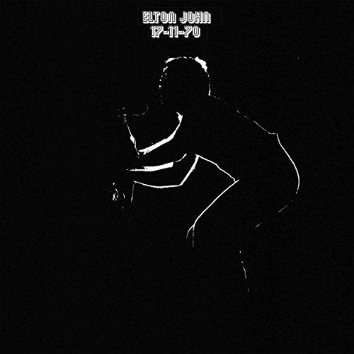 Black vinyl record cover with white outline of Elton John playing piano.