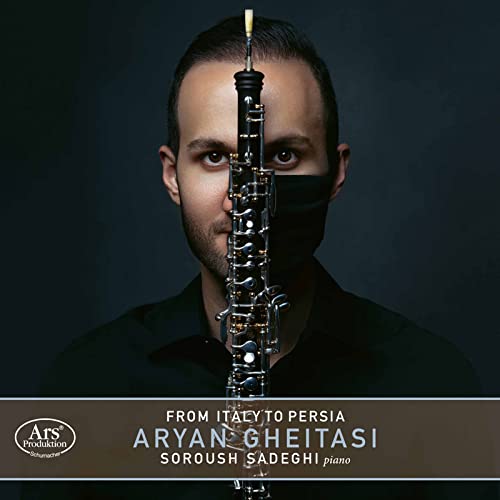 Close-up of a man holding an oboe, album cover for classical music.