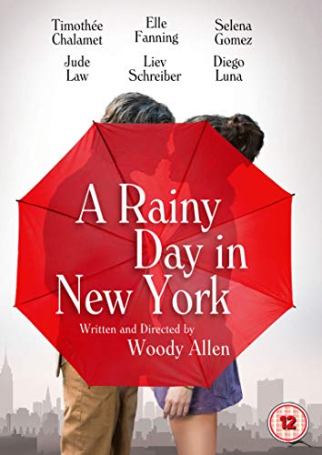 Movie poster for "A Rainy Day in New York" featuring a couple under a red umbrella.