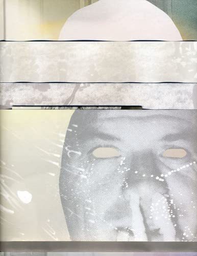 Collage of a face with obscured eyes, grayscale and textured.