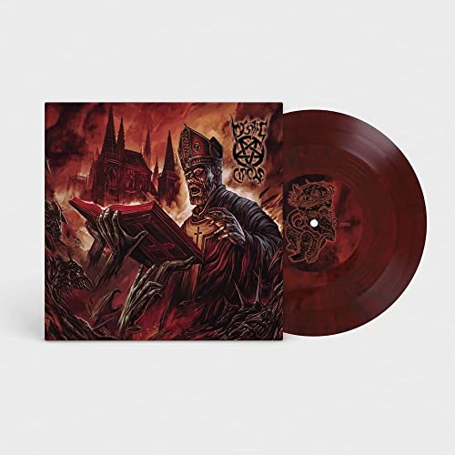 Dark album cover with a robed figure and a red vinyl record.