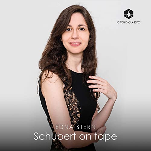 Portrait of Edna Stern, pianist, with album title "Schubert on Tape".