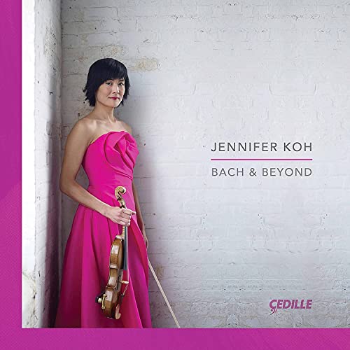 Violinist Jennifer Koh in a pink dress, album cover for "Bach & Beyond".