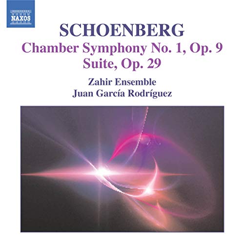 CD cover for Schoenberg’s Suite & Kammersymphonie, with abstract pink and blue artwork.