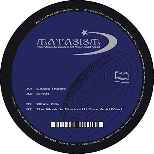 Dark blue vinyl record label with white text and abstract graphic elements.