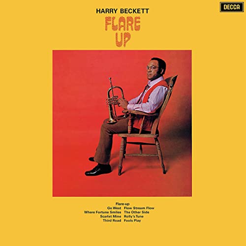 CC> A vinyl record album cover featuring artist Harry Beckett and the title Flare Up.</start_of_turn>