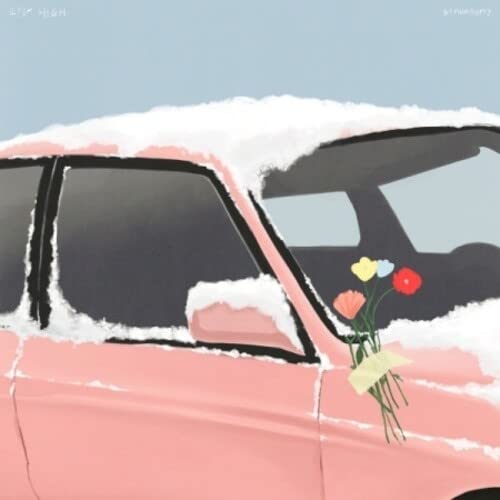 Pink CD cover with a car roof, flowers, and painted clouds.