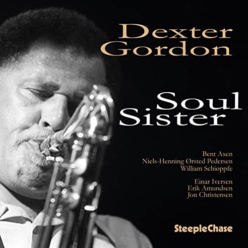 Black and white portrait of Dexter Gordon playing the saxophone, album cover.