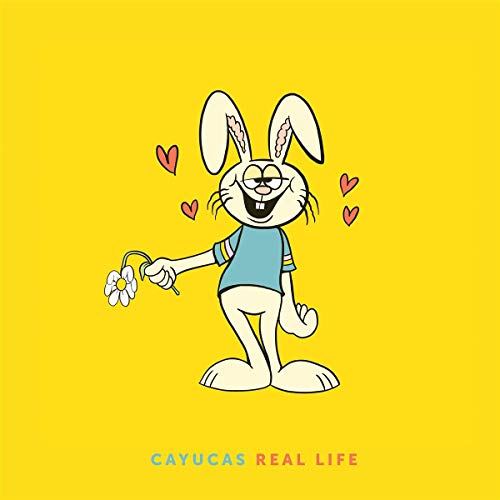 Cartoon rabbit holding a flower on a bright yellow album cover.